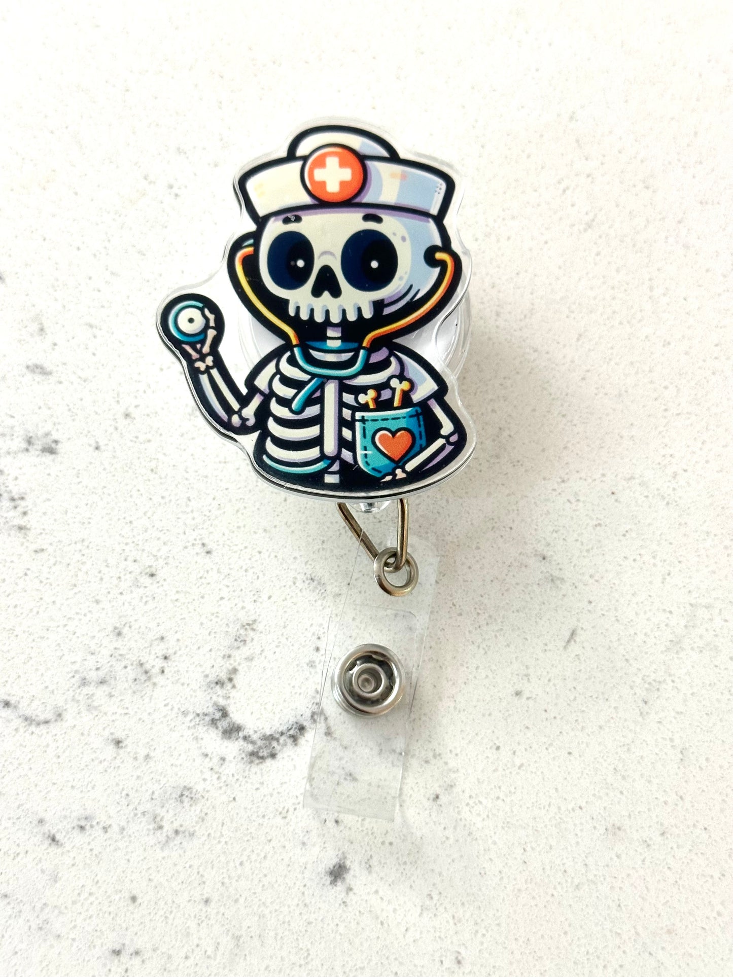 SKELETON NURSE HALLOWEEN BADGE REEL