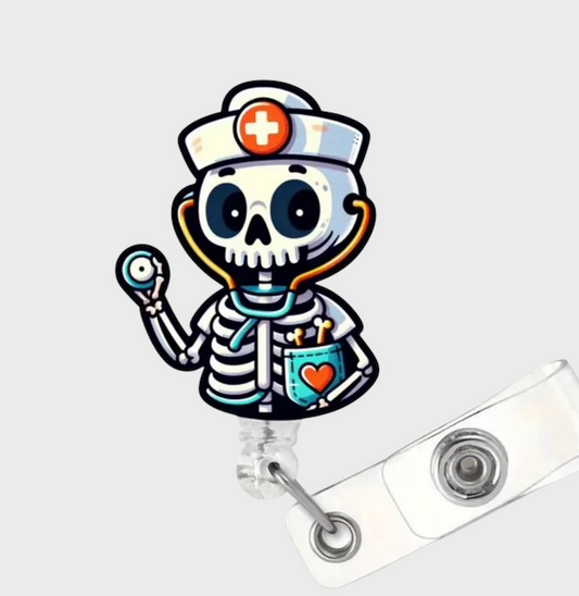 SKELETON NURSE HALLOWEEN BADGE REEL
