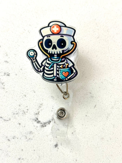 SKELETON NURSE HALLOWEEN BADGE REEL